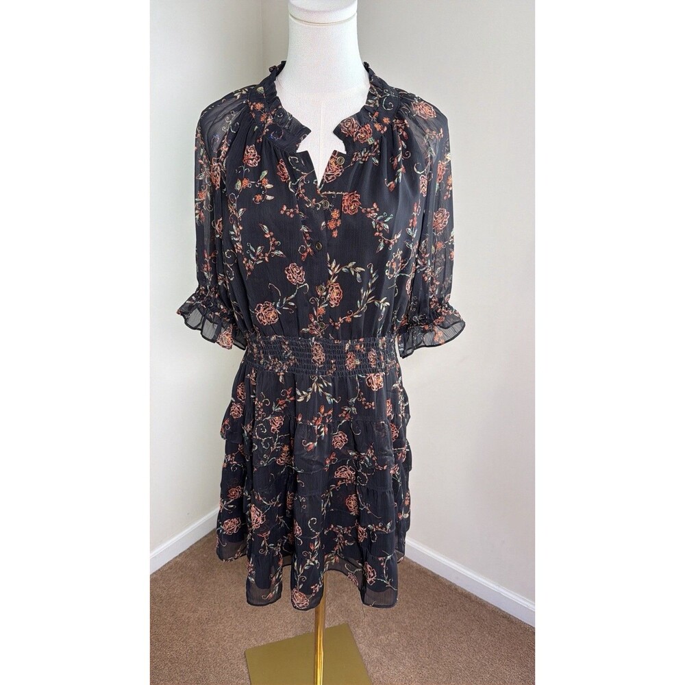 Venus Whimsigoth Gothic Rose Floral Tiered Mini Dress L Black Romantic Boho